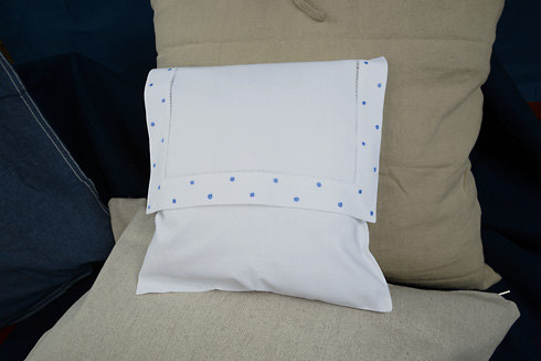 Hemstitch Baby Envelope Pillow 12"x12" French Blue Polka Dots - Click Image to Close